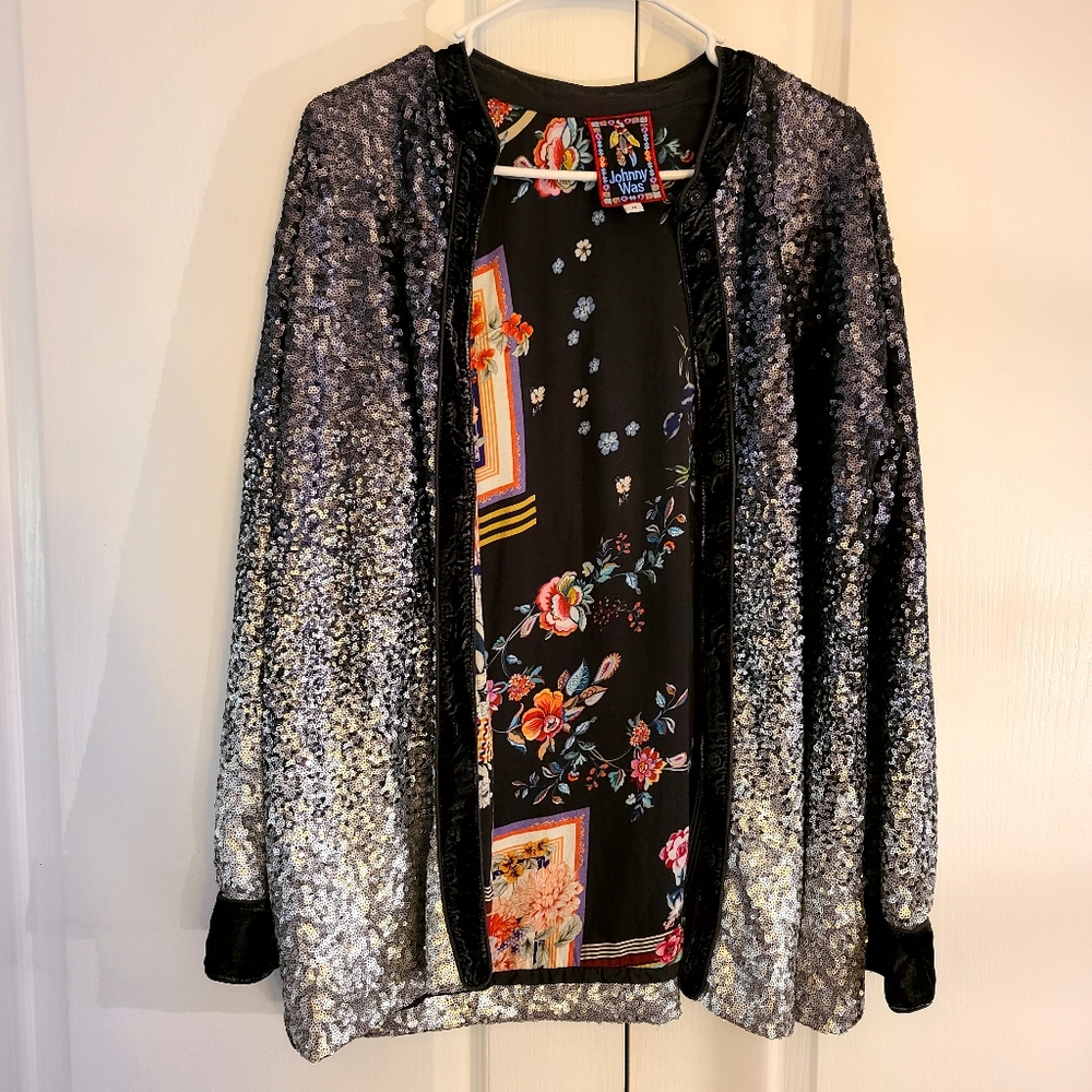 Johnny Was Sequin Black Silver M Shirt Jacket Cardigan Mobwife Casual Kimono - Picture 2 of 13
